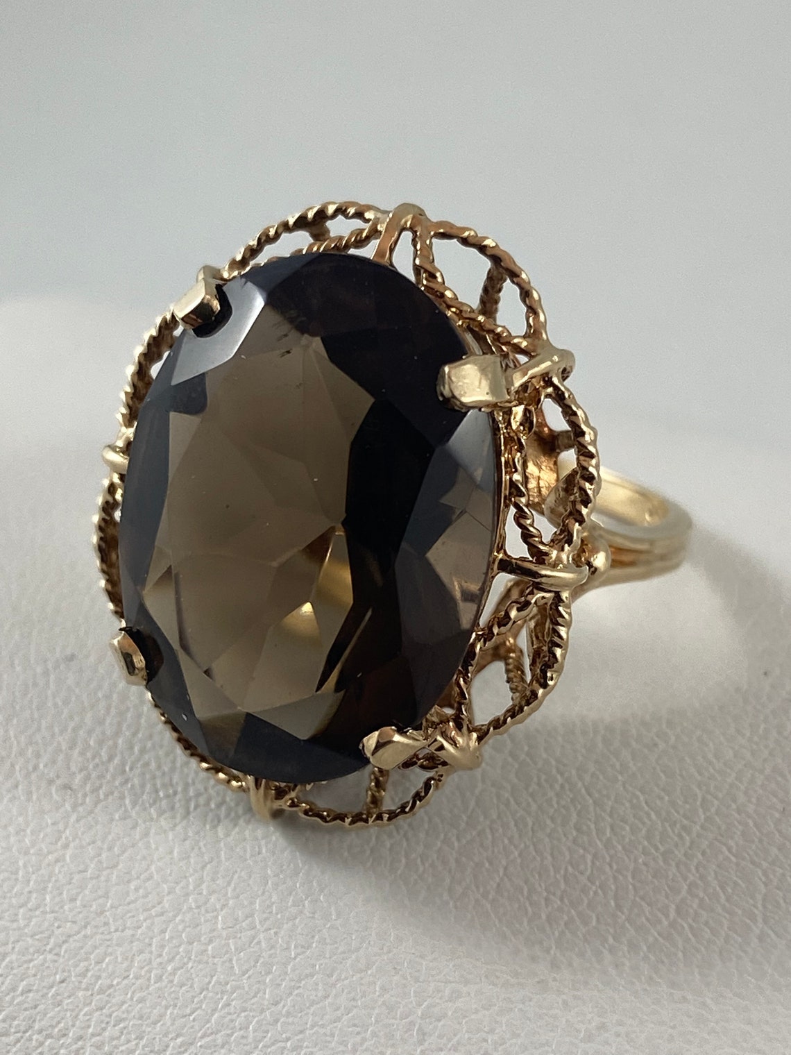 Large 10k Gold Oval Cut Smoky Quartz Ring Statement Cocktail Mid ...