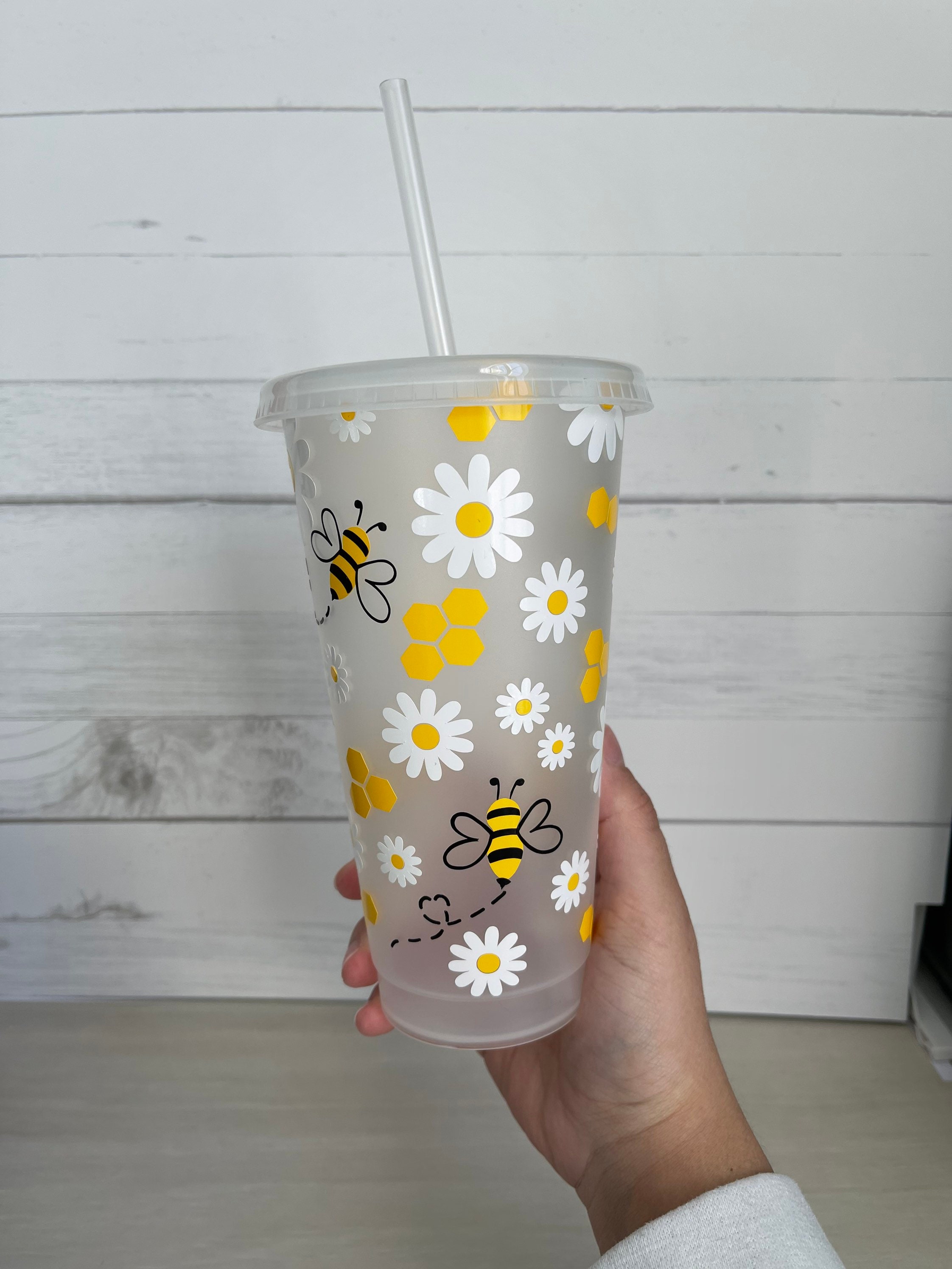 Bee & Honeycomb Custom Insulated Tumbler | Large Iced Coffee Cup with Straw  | Reusable Cold Cup | Beehive Tumbler | Gift for Best Friend