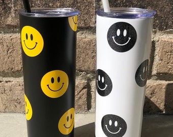 Smiley Face, Smiley, Smiley Face Cup, Smiley Face Tumbler, Tumbler, Reusable Cup, Black Tumbler, White Tumbler, Tumbler Gifts, Cup Gifts