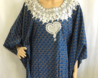 Vintage 1960's 70's Caftan Kaftan Maxi Dress - Geometric Blue Print  - Hippie Boho dress - Caftan dress