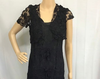 Vestido de solapa de encaje de la década de 1920 / Vestido Verdadero Vintage de los años 20 / Vestido de encaje negro / Etiqueta Blenda Chicago / Vestido Art Deco / Vestido Abby del centro