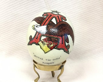 Hand Painted Ostrich Egg Signed SL Sargent Endorsed Around The World Fossett