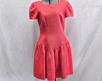 Vintage 70s 80s Morton Myles Red Party Dress - Rhinestones - Medium / Large