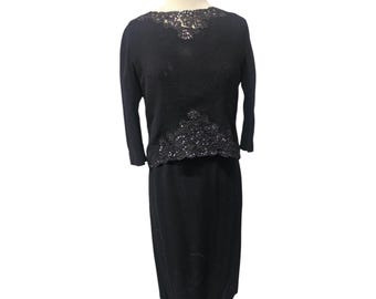 Vintage Montaldos 1950s Classic Black  2 Piece Shift Dress & Jacket S/M Elegant Style