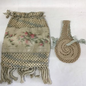 2 antieke Victoriaanse gehaakte tassen - Victoriaanse dames zijden tas - kleine Victoriaanse polstas