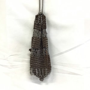 Antique Art Deco Victorian Purse / Micro Beads Crochet Knit  Silver Clutch / Beaded Antique Bag