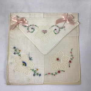 Three Antique Floral and Lace Embroidered Handkerchiefs - 3 Antique Handkerchiefs  - Antique Linen Handkerchiefs