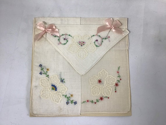 Three Antique Floral and Lace Embroidered Handkerchiefs - 3 Antique Handkerchiefs  - Antique Linen Handkerchiefs