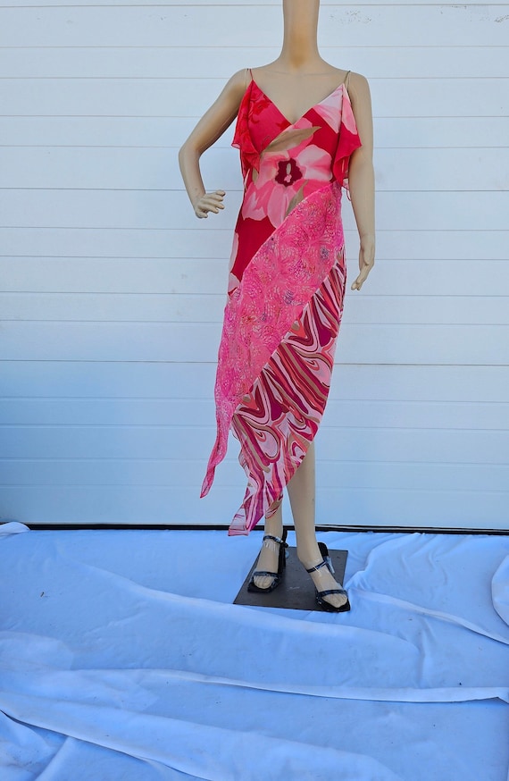 Vintage Kay Unger New York Pink & Red Silk Maxi Ev