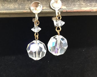 Vintage Crystal Drop Earrings - Clip backs.- Bling Clip On Earrings -  Crystal Retro  Earrings - Crystal  Sparkle  Dangle Clip Earrings