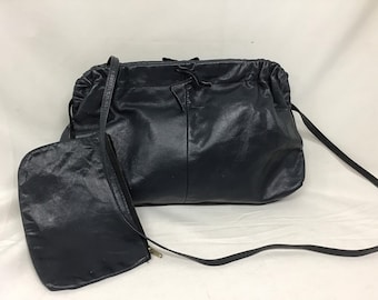 Bolsa de couro azul marinho vintage dos anos 80 e bolsa de moedas Bolsa de ombro retrô clássica dos anos 80