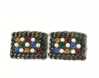 Antique Tip Toe Art Deco Shoe Clips - Tip Toe Shoe Clips - Antique Dress Clips - 1930s  Colored Glass & Pearl Shoe Clips