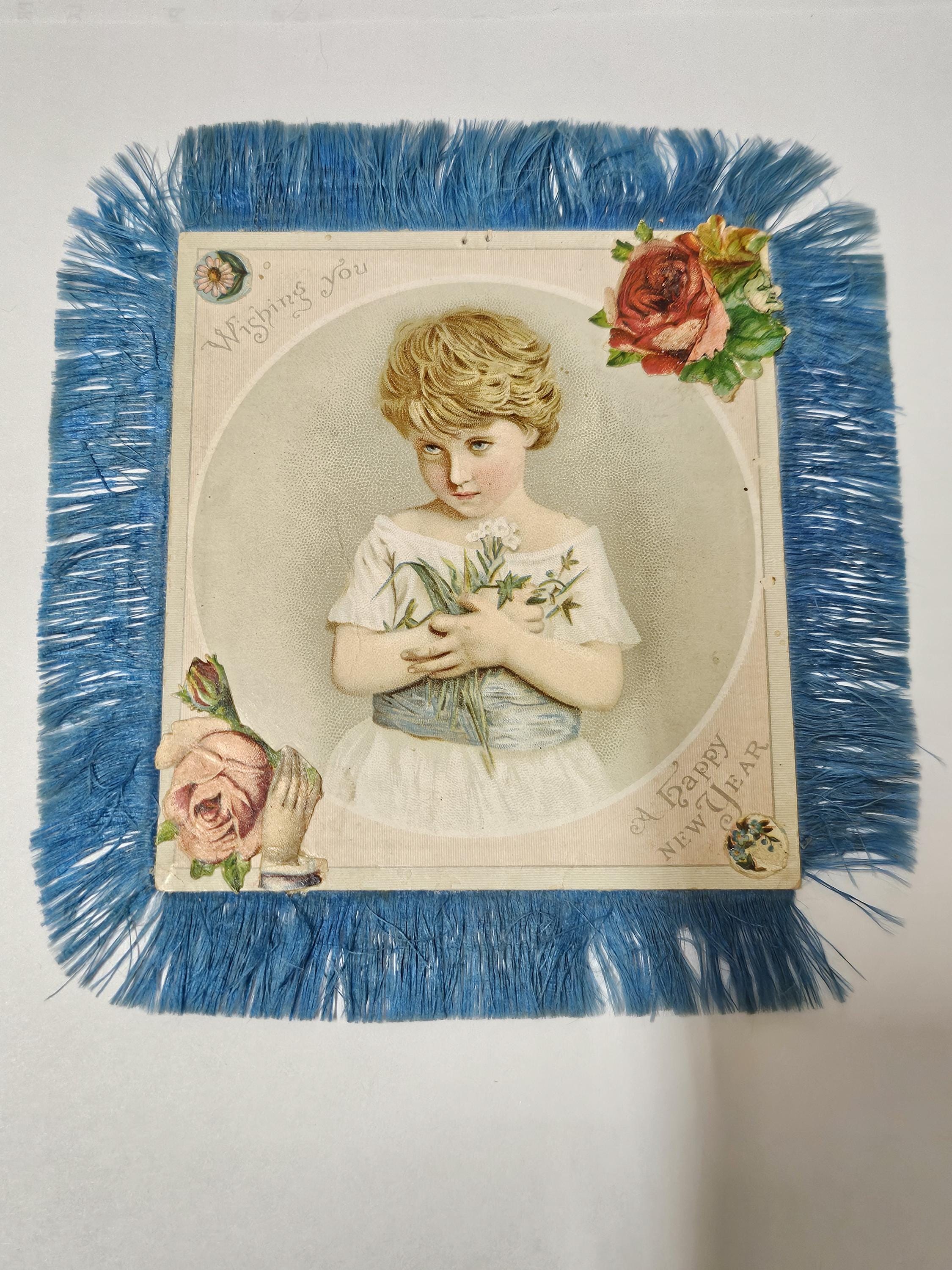 Happy New Year VICTORIAN SILK FRINGE Greeting Card Floral Little Girl