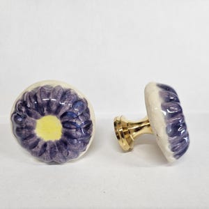 Pair Purple Flower Ceramic Cabinet Knobs Pulls \  Natural Home Decor \ Purple Flower Ceramic Drawer Pull Knob \ 1.5"  - 30mm drawer knob