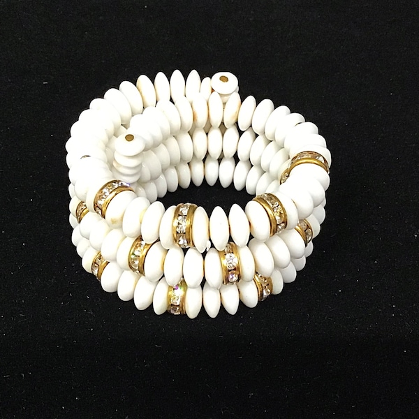Vintage 1950s Rhinestone White Wrap Bracelet- Glass Beads Wire Beaded Cuff -  Mid-Century Jewelry -Triple Row White Glass Bracelet