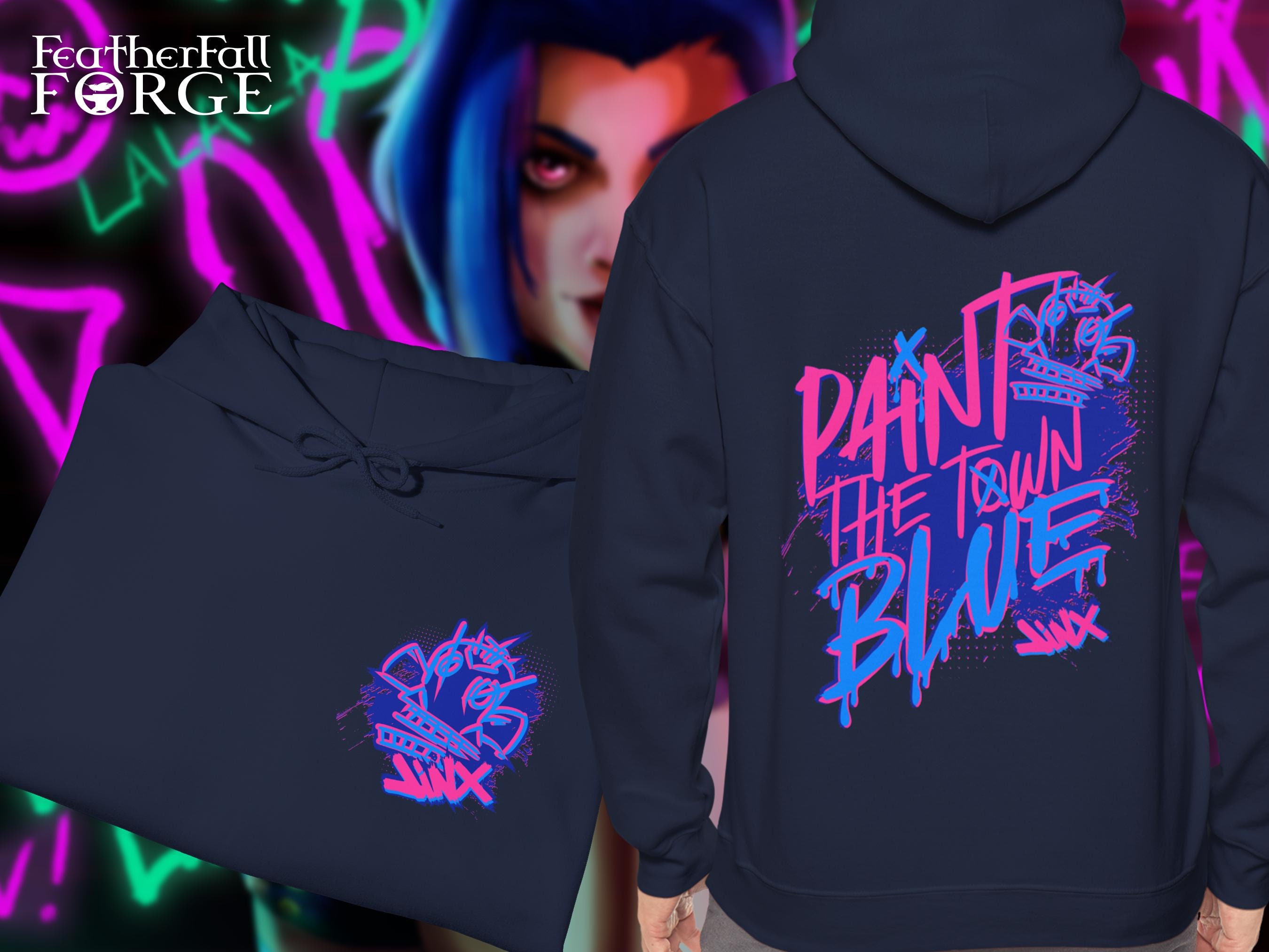Jinx Paint the Town Blue Hoodie, Front and Back Design