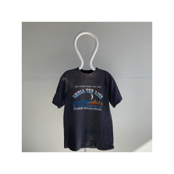 Vintage 1988 Hanes Sturgis Bike Week " On A Clear Night You Can Smell The Rice" T-Shirt with Big Fade Spots