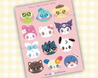 Peut inclure: Une planche d'autocollants rose avec douze visages de personnages de dessins animés. La feuille porte les mentions "sanwio bbs sticker sheet" et "spring sweetums". Les personnages sont de différentes couleurs, dont le vert, le bleu, le jaune, le rose et le noir.