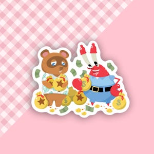 May include: A cartoon illustration of a brown bear and a red crab holding bags of money. The bear is wearing a white shirt with a green palm tree design. The crab is wearing a blue shirt with a black belt. Both characters are surrounded by gold coins and money bags.