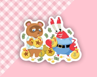 Puede incluir: Una ilustración de dibujos animados de un oso marrón y un cangrejo rojo sosteniendo bolsas de dinero. El oso lleva una camisa blanca con un diseño de palmera verde. El cangrejo lleva una camisa azul con un cinturón negro. Ambos personajes están rodeados de monedas de oro y bolsas de dinero.