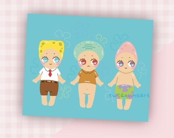 May include: Three cartoon characters, each with a different colored head, are standing side-by-side. The character on the left has a yellow head, the middle character has a green head, and the character on the right has a pink head. The characters are all wearing different outfits. The character on the left is wearing a blue shirt, a red tie, and brown shorts. The character in the middle is wearing a brown shirt and no pants. The character on the right is wearing a purple swimsuit. The background is blue.