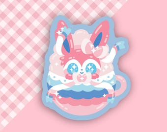 May include: A pink and blue cartoon character with large eyes and a heart-shaped nose. The character is wearing a white fluffy collar and a blue and pink striped dress. The character is surrounded by a blue halo.