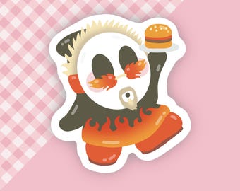 Peut inclure: Autocollant découpé représentant un personnage de dessin animé avec un visage blanc, des yeux noirs et un hamburger sur une assiette. Le personnage a des flammes et des chaussures orange, avec une coiffure brun clair. Le fond est rose.
