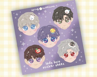 Peut inclure: Une planche d'autocollants avec cinq visages de dessins animés aux couleurs de cheveux et accessoires variés, dont un lapin et une pomme. Le texte "lads bois sticker sheet" est visible en bas. Fond violet clair avec des étoiles.