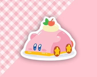 Puede incluir: Una pegatina rosa con un personaje de dibujos animados diseñado como un pastel, coronado con una cereza. El personaje tiene ojos azules y ruedas en forma de estrella. El fondo es un patrón de cuadros rosas y blancos.