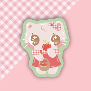 Kawaii Kitty Vinyl Sticker l Apple Picking Cat