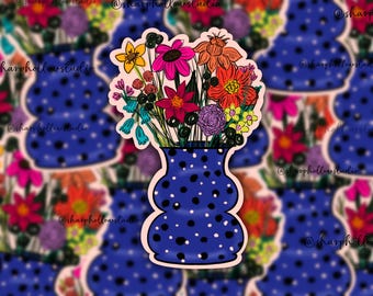 Floral Bouquet Sticker | Multi-Colored Florals | Polka Dot Vase Sticker | Greenery and Florals | Bouquet of Flowers | Blue Florals