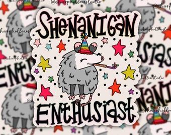Cute Opossum Sticker | Shenanigan Enthusiast | Party Possum Sticker | Colorful Opossum | Funny Animals | Creative Stickers | Doodle Animals