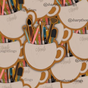 May include: A white ceramic mug with the word "Create" written on it. The mug is filled with various art supplies, including paintbrushes, pencils, and a ruler. The mug is surrounded by other mugs with the same design.