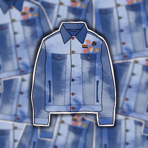 May include: A blue denim jacket with a tie-dye effect and several colorful pins attached to the front. The pins include a rainbow flag, a smiley face, a heart, and a star.