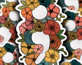 Semicolon Floral Sticker | Group of Florals | Relatable Sticker | Semi Colon Sticker | ; Sticker | Water Resistant