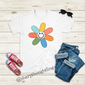 Rainbow Daisy Smiley Crewneck | Floral Apparel | Unique Florals | Daisy t-Shirt | Smiley Sweatshirt | PREORDER |