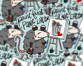 Artist Opossum Sticker | Paint First Panic Later |    Possum Sticker | Colorful Opossum | Funky Artist | Creative Stickers | Artist Animal