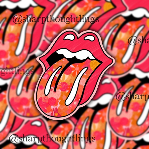 Trendy Tongue Floral Sticker | Floral Sticker | Pink and Orange Sticker | Rolling Stones Aesthetic | Trendy Sticker | Water Resistant