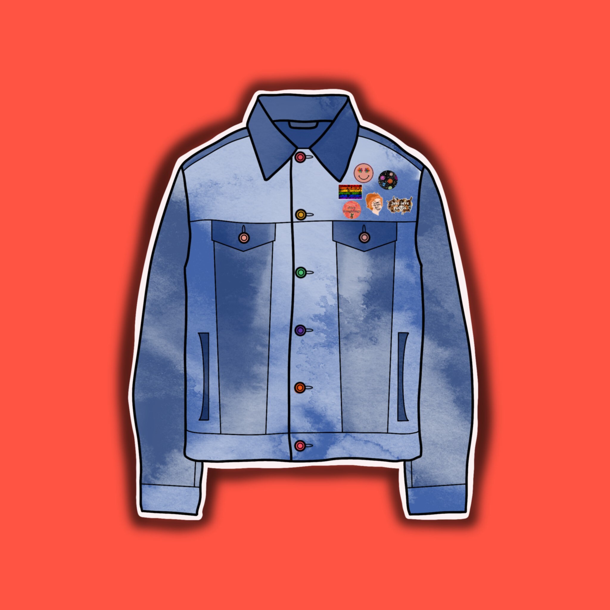 Denim Jacket With Pins Sticker | Bright Colors Sticker | Pride Jacket ...