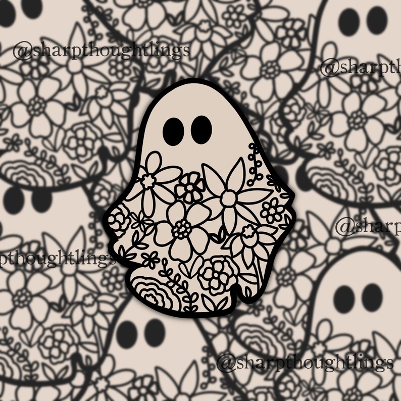 以下が含まれることがあります： 黒い輪郭で囲まれた白い幽霊で、花柄でいっぱいになっています。幽霊は黒い目を2つ持っています。