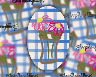 Floral Bouquet Sticker | Plaid Florals | Flowers in a Vase Sticker | Oval Frame Florals | Bouquet of Flowers | Pink Flowers in a Vase |