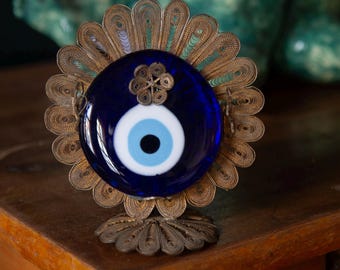 Adorno de mal de ojo, arte Telkari hecho a mano, decoración de mesa de vidrio vintage turco
