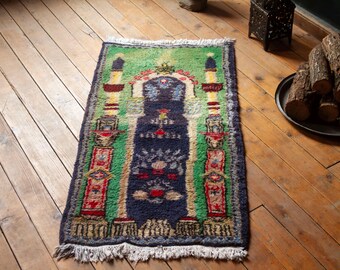 Alfombra de oración turca de lana rubia tejida a mano, vintage: 4,75 / 2,3 pies
