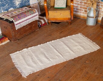 Alfombra turca vintage de algodón blanco, tejido plano, pieza de dote: 1,6 m/0,7 m