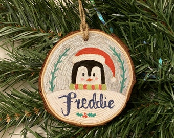 Pingouin personnalisé - Décoration de Noël en tranches de bois