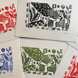 Linoleografia stampata su carta granulata, colore a scelta, piccolo formato A5, donna, Nap time