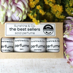The Best Sellers | 4 Pack Solid Perfumes | Clean Ingredients | Eco-Friendly | 1/4 oz. | 100% Natural | Biodegradable Packaging