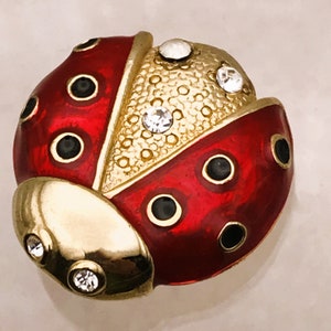 Lady Bug Ladybug Brooch signed AAI Scarf Lapel Pin Red Black Good Luck Gold Tone Rhinestone