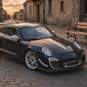 May include: A black sports car with a white racing stripe running along the centre of the bonnet and roof. The vehicle features a large rear wing, silver multi-spoke wheels, red brake callipers, and the text RS 4.0 visible on the lower side panel.
