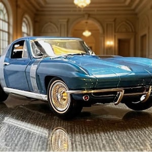 May include: A classic blue sports car with gold wire wheels and chrome detailing. The car has a streamlined design and is positioned on a reflective surface. The car's body is a vibrant blue, and the interior is visible through the windscreen.
